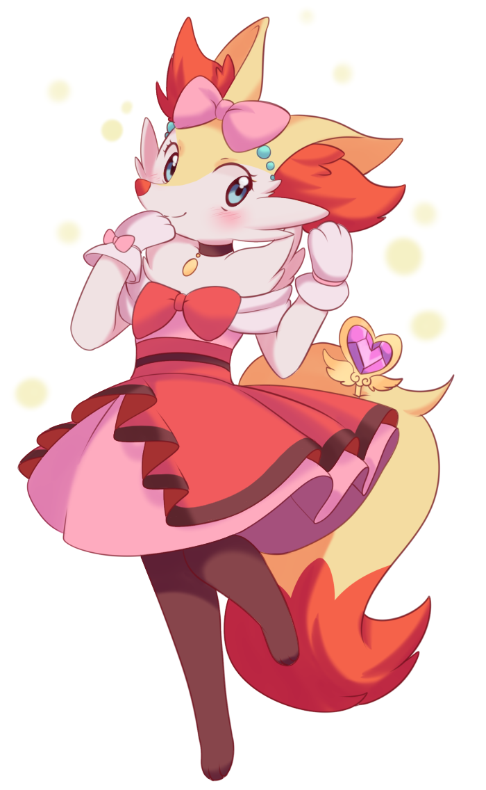 blue_eyes blush bow braixen clothed_pokemon cosplay dress gloves hair_bow looking_at_viewer no_humans pink_(4chan) pink_bow pink_dress pokemon pokemon_(creature) red_bow serena_(pokemon) serena_(pokemon)_(cosplay) solo standing standing_on_one_leg