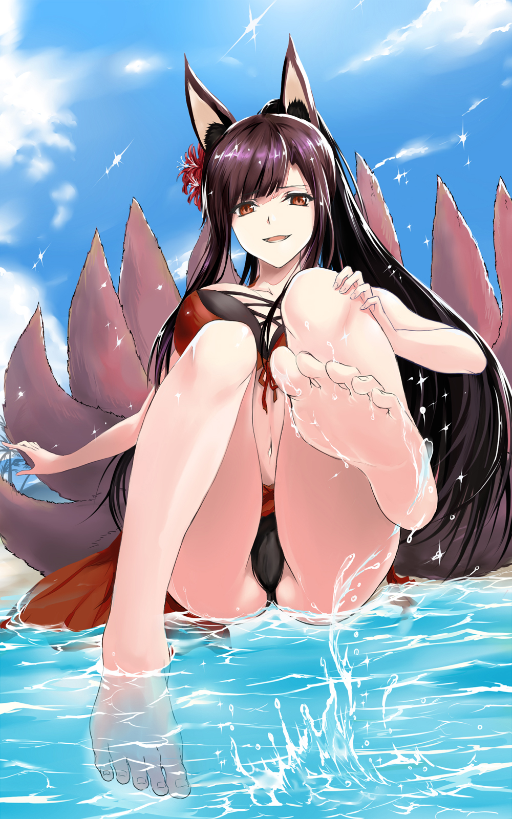1girl akagi_(azur_lane) animal_ears ass azur_lane bangs beach bent_knees black_hair breasts brown_eyes clouds cloudy_sky collarbone day fengya highres long_hair looking_at_viewer multiple_tails navel open_mouth palm_tree partially_submerged sitting sky smile soles splashing swimsuit tail thighs toes tree water