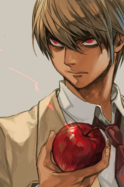 1boy apple brown_hair closed_mouth collared_shirt death_note fingernails food formal fruit glaring grey_background hair_between_eyes hankuri holding holding_fruit male_focus necktie red_eyes red_neckwear serious shirt short_hair simple_background suit upper_body white_shirt wing_collar yagami_light