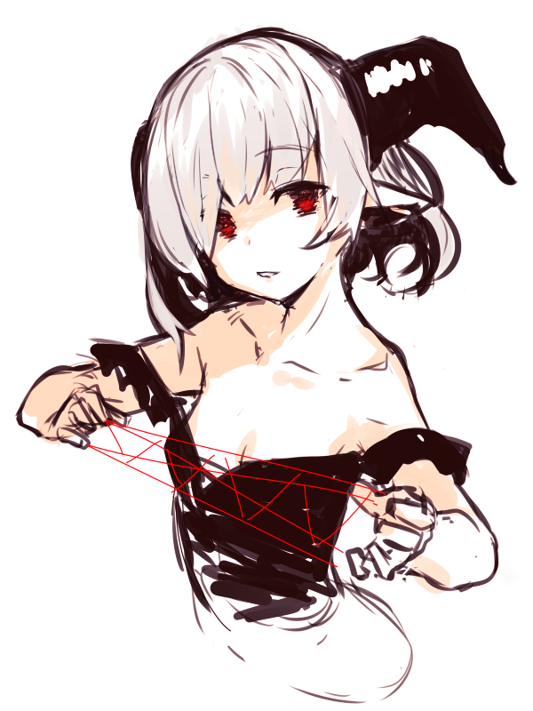 1girl bangs bare_shoulders black_dress cat's_cradle collarbone dress eyebrows_visible_through_hair holding horns looking_at_viewer off-shoulder_dress off_shoulder original parted_lips pointy_ears red_eyes simple_background sketch solo white_background white_hair yuuji_(yukimimi)