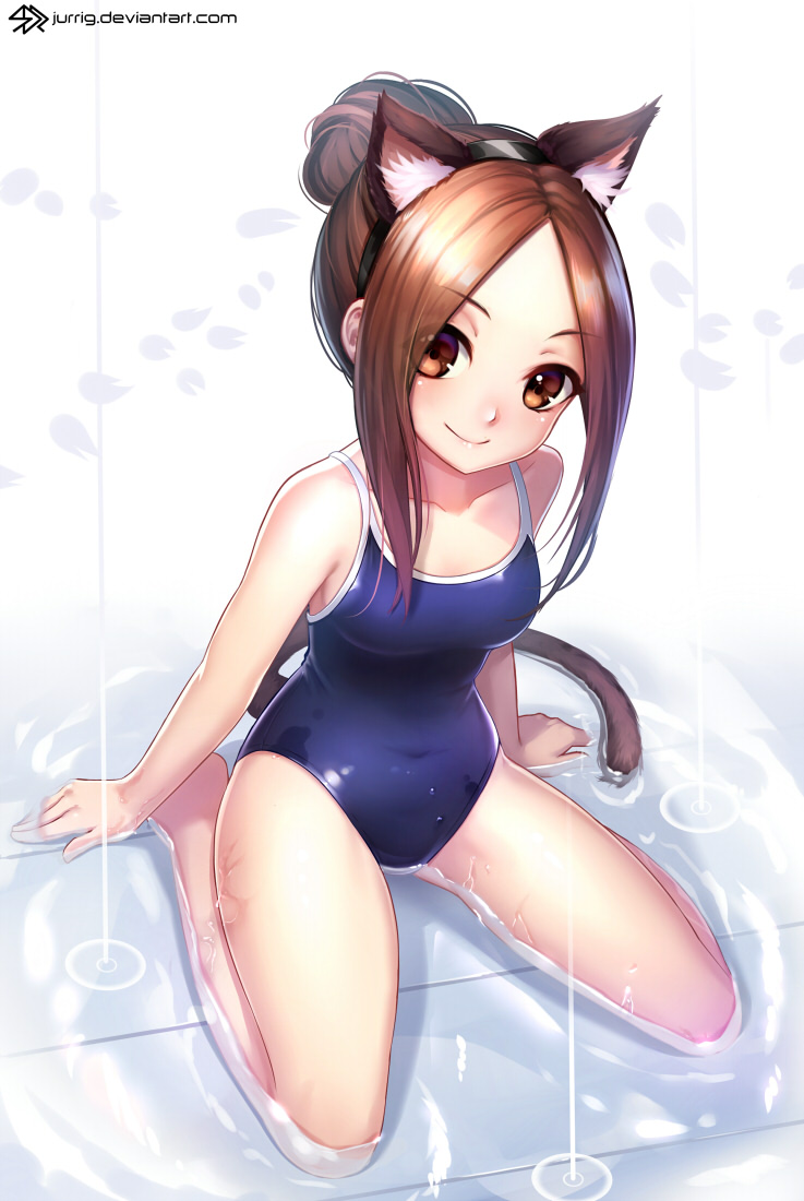 1girl alternate_hairstyle animal_ears arms_at_sides artist_name bangs bare_arms bare_legs bare_shoulders barefoot black_hairband blue_swimsuit blush breasts brown_eyes brown_hair cat_ears cat_tail closed_mouth collarbone competition_school_swimsuit covered_navel eyebrows_visible_through_hair fake_animal_ears forehead full_body hair_bun hairband jurrig karakai_jouzu_no_takagi-san long_hair looking_at_viewer on_floor parted_bangs petals puddle shiny shiny_skin sidelocks sitting small_breasts smile solo swimsuit tail takagi-san tareme tile_floor tiles wariza water watermark web_address white_background