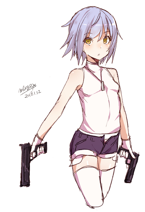 1girl :o breasts dated dual_wielding gloves gun handgun holding holding_gun holding_weapon looking_at_viewer maze_(gochama_ze_gohan) original parted_lips pink_shirt pistol purple_hair purple_shorts shirt short_hair short_shorts shorts signature simple_background sleeveless sleeveless_shirt small_breasts solo thigh-highs weapon white_background white_gloves white_legwear yellow_eyes