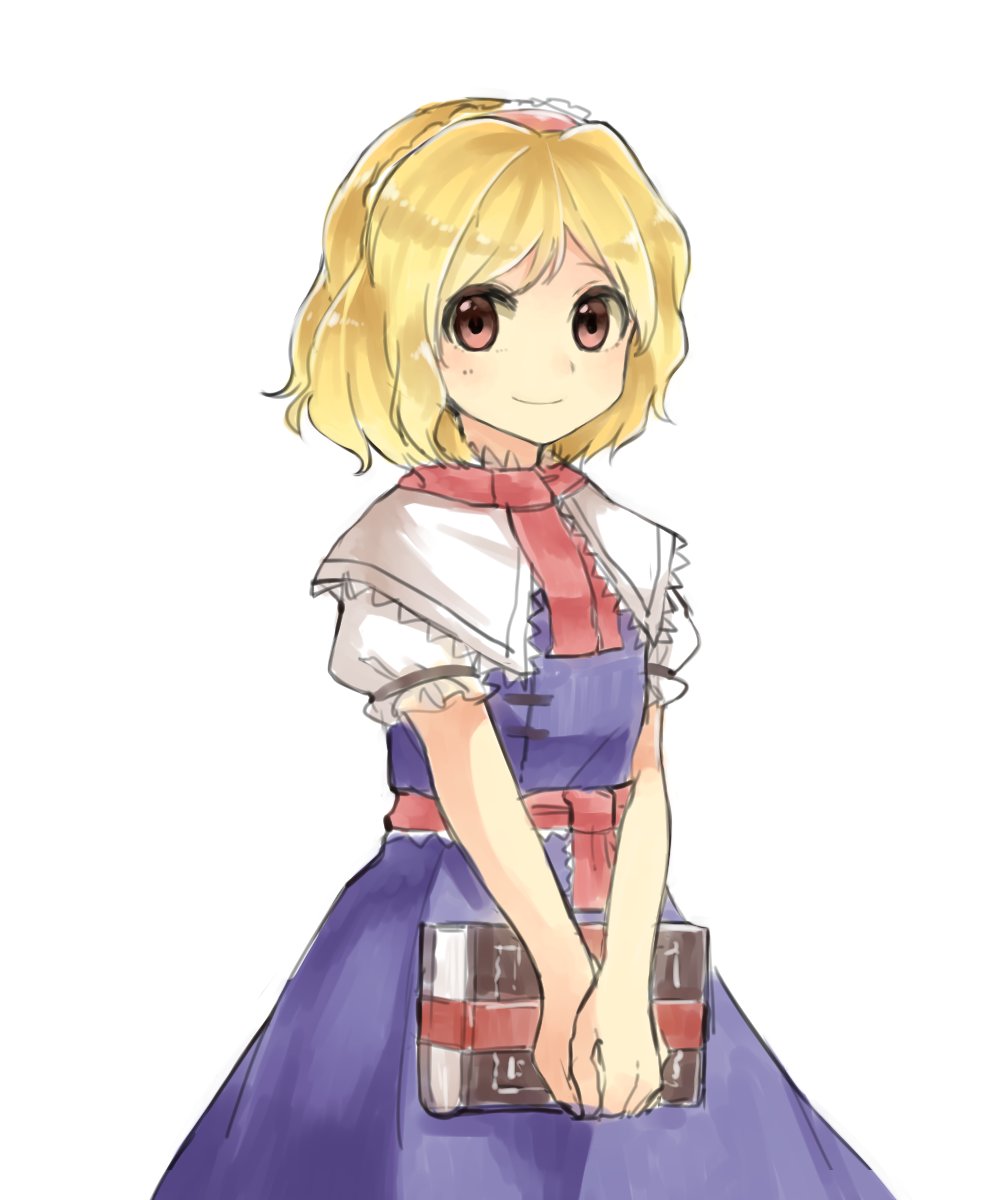 1girl alice_margatroid belt blonde_hair book brown_eyes capelet closed_mouth dress hairband highres holding holding_book looking_at_viewer puffy_short_sleeves puffy_sleeves purple_dress red_neckwear sasa_kichi short_hair short_sleeves simple_background smile solo touhou upper_body white_background