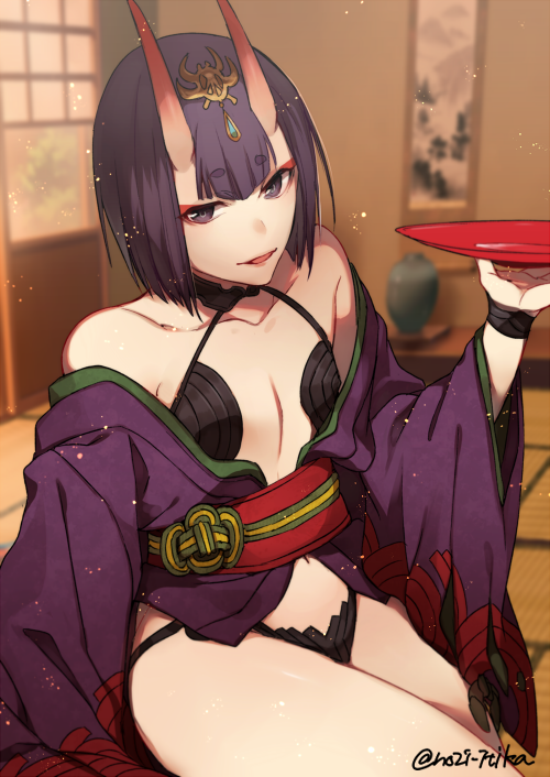 1girl 2f_sq alcohol bangs bare_shoulders blurry blurry_background bob_cut collarbone cup depth_of_field eyebrows_visible_through_hair fate/grand_order fate_(series) holding horns indoors japanese_clothes kimono long_sleeves looking_at_viewer obi off_shoulder oni oni_horns open_clothes open_kimono parted_lips purple_hair purple_kimono revealing_clothes sakazuki sake sash short_hair shuten_douji_(fate/grand_order) sitting smile solo thick_eyebrows twitter_username urn violet_eyes wide_sleeves