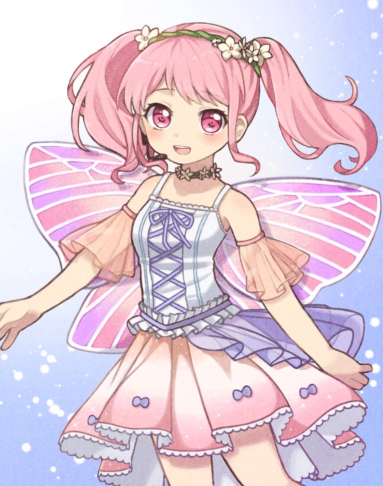 1girl :d bangs bare_shoulders blush commentary_request copyright_request cowboy_shot detached_sleeves eyebrows_visible_through_hair fairy_wings flower hair_flower hair_ornament hairband looking_at_viewer microphone open_mouth pink_eyes pink_hair pink_skirt pleated_skirt sasa_kichi skirt smile solo twintails wings