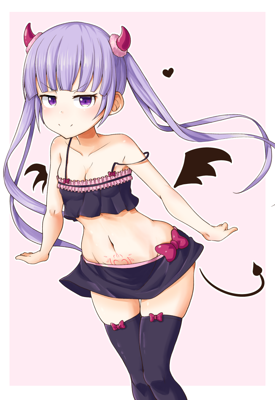 1girl ajidot arms_at_sides black_legwear black_skirt cowboy_shot heart highres horn long_hair looking_at_viewer midriff navel new_game! purple_hair skirt smile spaghetti_strap standing stomach_tattoo suzukaze_aoba tail thigh-highs twintails violet_eyes wings zettai_ryouiki