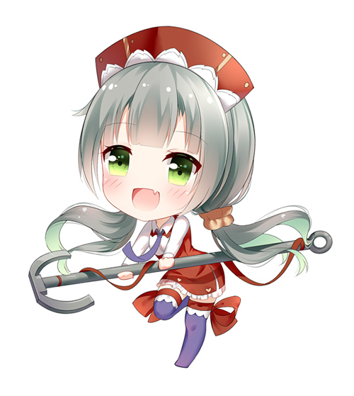 1girl :d anchor azur_lane bangs blush brown_scrunchie chibi collared_shirt commentary_request dress eyebrows_visible_through_hair fang full_body glowworm_(azur_lane) green_eyes green_hair hair_ornament hair_scrunchie hat holding linhe_de_chuangzi long_hair long_sleeves low_twintails no_shoes open_mouth purple_legwear red_dress red_hat red_ribbon ribbon scrunchie shirt simple_background smile solo standing standing_on_one_leg thigh-highs twintails very_long_hair white_background white_shirt