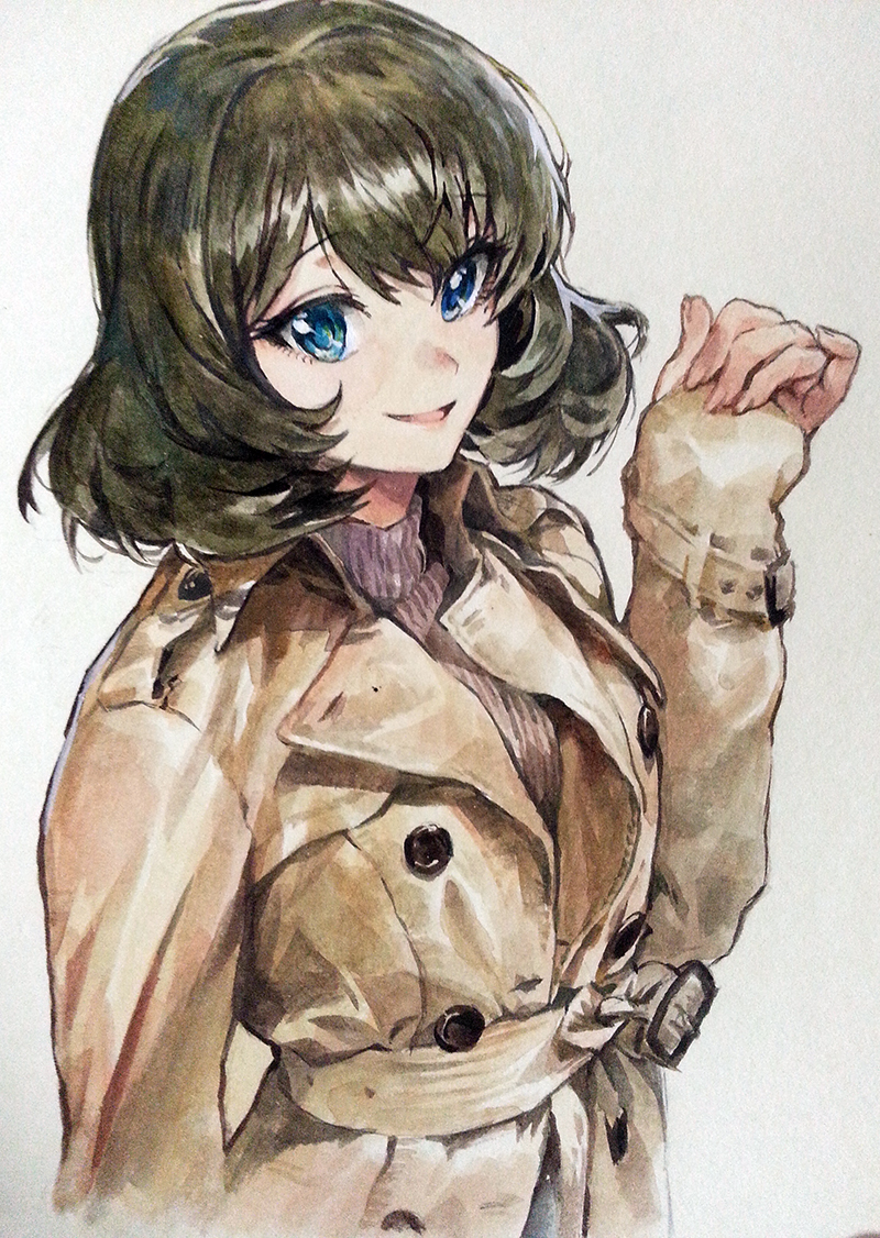 1girl blue_eyes coat green_eyes green_hair heterochromia idolmaster idolmaster_cinderella_girls looking_at_viewer mole mole_under_eye mossi open_mouth short_hair simple_background smile solo sweater takagaki_kaede traditional_media turtleneck turtleneck_sweater upper_body watercolor_(medium)