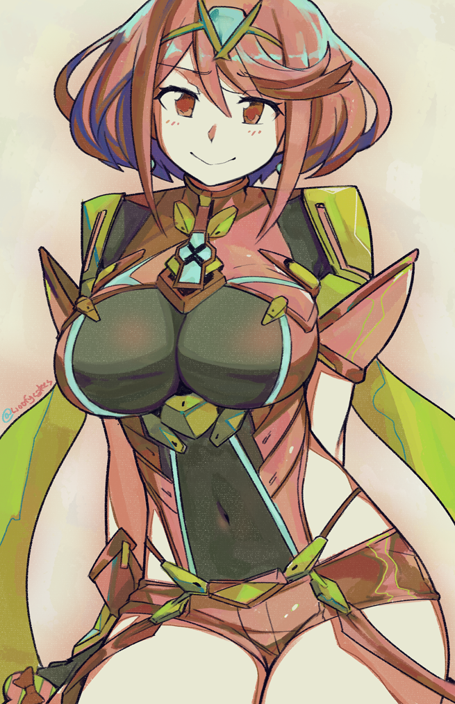 1girl arms_behind_back breasts circlet covered_navel eric_muentes forehead_jewel hip_vent pyra_(xenoblade) large_breasts looking_at_viewer red_eyes redhead short_hair short_shorts shorts smile solo xenoblade xenoblade_2