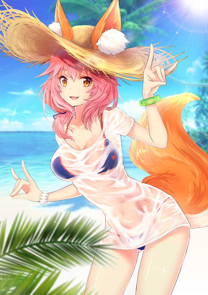 1girl animal_ears bikini blue_bikini breasts ears_through_headwear fate/grand_order fate_(series) fox37 fox_ears fox_shadow_puppet fox_tail hat long_hair medium_breasts pink_hair shirt solo straw_hat swimsuit tail tamamo_(fate)_(all) tamamo_no_mae_(fate) tamamo_no_mae_(swimsuit_lancer)_(fate) wet wet_clothes wet_shirt wet_t-shirt yellow_eyes