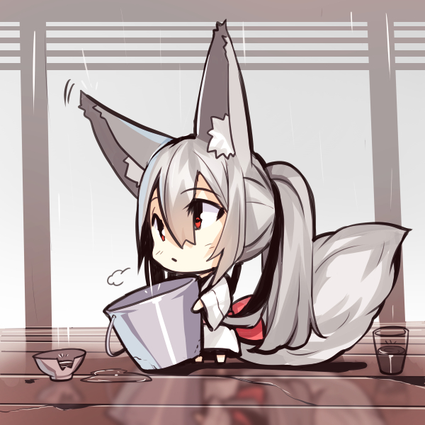 1girl animal_ears bangs barefoot blush bowl bucket chibi closed_mouth cup drinking_glass eyebrows_visible_through_hair fox_ears fox_girl fox_tail hair_between_eyes holding holding_bucket japanese_clothes kimono long_hair long_sleeves original rain red_eyes reflection silver_hair solo standing tail twintails very_long_hair water white_kimono wide_sleeves wooden_floor yuuji_(yukimimi)