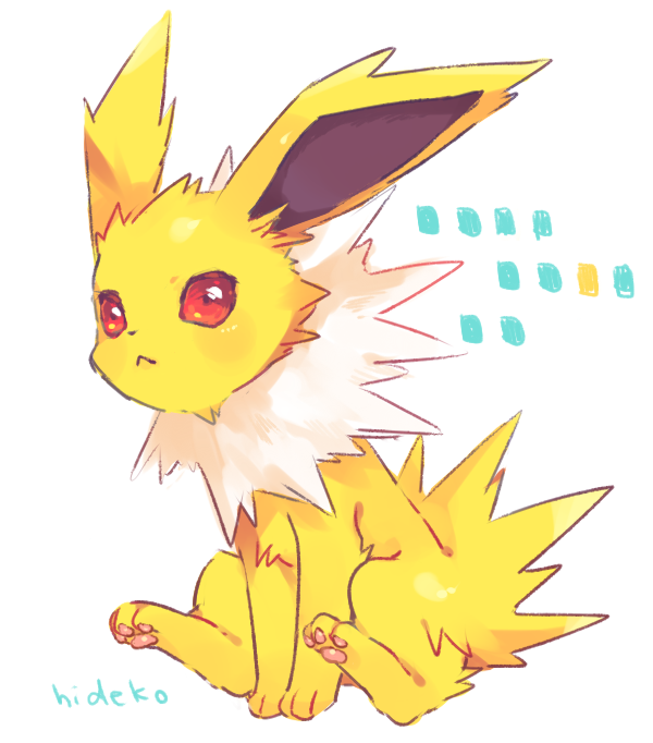 :&lt; artist_name closed_mouth full_body hideko_(l33l3b) jolteon looking_at_viewer no_humans pokemon pokemon_(creature) red_eyes signature simple_background sitting white_background