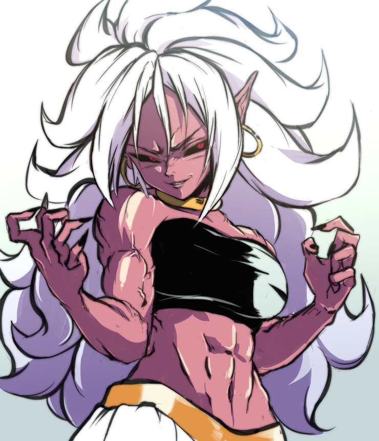 1girl abs android_21 android_21_(evil) bare_arms black_nails black_sclera breasts dragon_ball dragon_ball_fighterz dragonball_z half-closed_eyes harem_pants looking_at_viewer majin_android_21 midriff monster_girl muscle nail_polish navel pants pink_skin pointy_ears red_eyes smile smirk solo stomach strapless toned tubetop veins white_hair