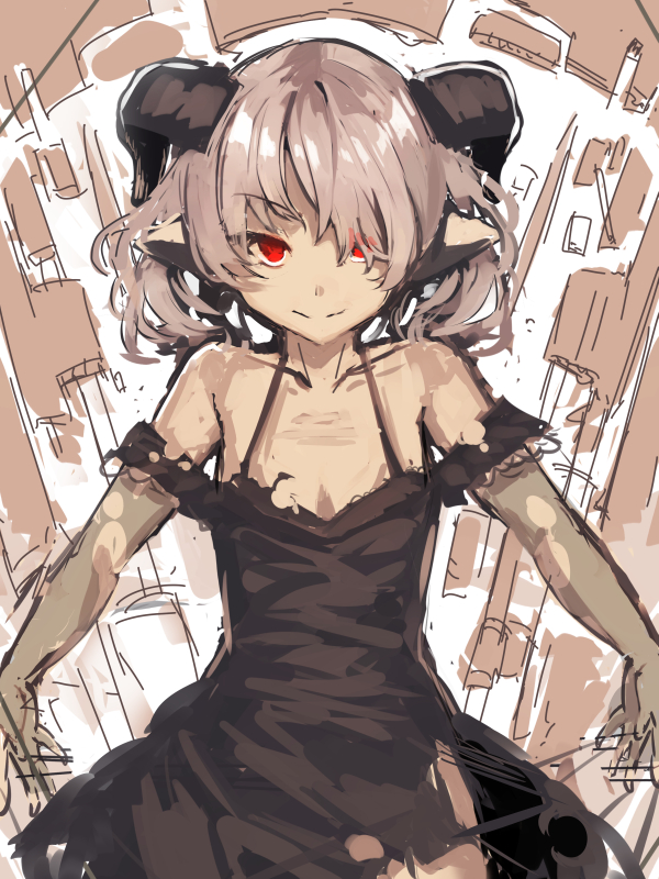 1girl bangs bare_shoulders black_dress brown_hair closed_mouth collarbone demon_horns dress eyebrows_visible_through_hair hair_ornament halterneck horns long_hair looking_at_viewer off-shoulder_dress off_shoulder original outstretched_arms pointy_ears red_eyes smile solo v-shaped_eyebrows yuuji_(yukimimi)