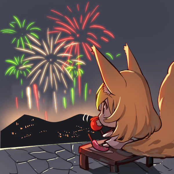 1girl aerial_fireworks animal_ears barefoot blonde_hair blush candy_apple chibi chocolate_banana dress eating fireworks food fox_ears fox_girl fox_tail holding holding_food long_hair looking_away night night_sky on_table original sitting sky sleeveless sleeveless_dress solo table tail white_dress yuuji_(yukimimi)