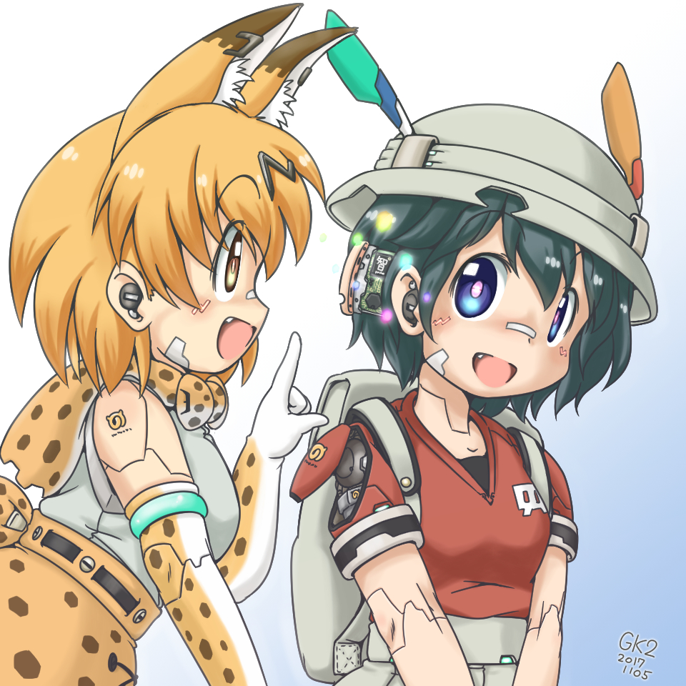 2girls backpack bag bare_shoulders bow bowtie bucket_hat computer_chip fang gaketsu gloves hat japari_symbol kaban_(kemono_friends) kemono_friends mechanization multiple_girls open_mouth parts_exposed serval_(kemono_friends) shirt smile t-shirt