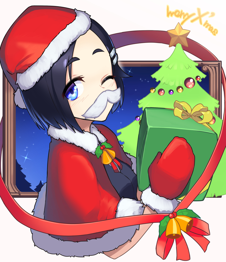 1girl bell black_hair blue_eyes capelet christmas christmas_tree commentary fake_mustache gift hat jingle_bell kantai_collection kuroshio_(kantai_collection) mittens one_eye_closed santa_costume santa_hat short_hair solo taketora_suzume