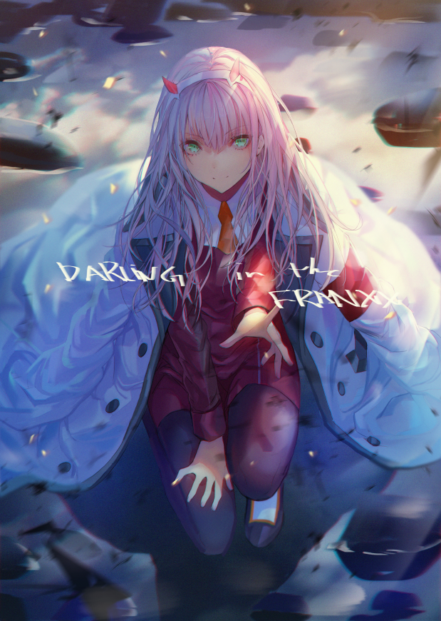 1girl aqua_eyes bangs closed_mouth clothes_on_shoulders coat darling_in_the_franxx eyebrows_visible_through_hair hair_between_eyes hand_on_hip headband lloule long_hair long_sleeves looking_at_viewer necktie outstretched_arm pink_hair shaded_face shadow smile solo zero_two_(darling_in_the_franxx)