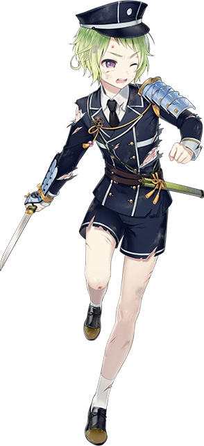 1boy armor green_hair hat injury japanese_armor kote male_focus military military_uniform mouri_toushirou necktie nekokan_masshigura official_art one_eye_closed sheath shorts sode standing standing_on_one_leg tantou torn_clothes torn_shorts touken_ranbu transparent_background uniform violet_eyes weapon wince