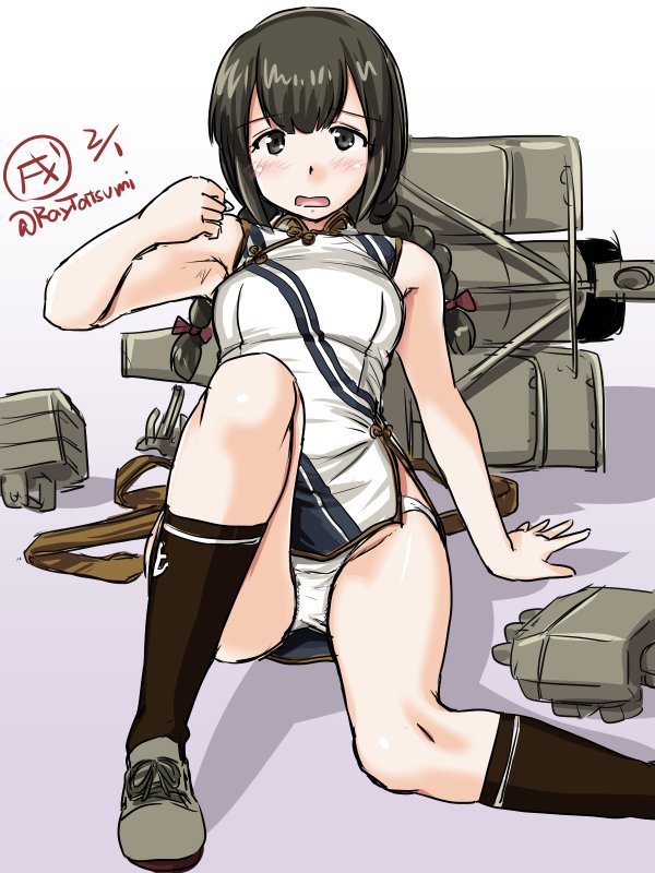 1girl anchor_symbol black_eyes black_hair black_legwear braid china_dress chinese_clothes commentary_request dated dress hair_between_eyes isonami_(kantai_collection) kantai_collection looking_at_viewer machinery panties pantyshot sidelocks sitting smokestack socks solo tatsumi_rei twin_braids twitter_username underwear white_dress white_panties