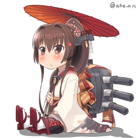 1girl ahenn brown_eyes brown_hair chibi commentary_request flower hair_flower hair_ornament headgear holding japanese_clothes kantai_collection kimono long_hair lowres machinery oni oriental_umbrella ponytail simple_background sitting solo turret twitter_username umbrella white_background yamato_(kantai_collection)