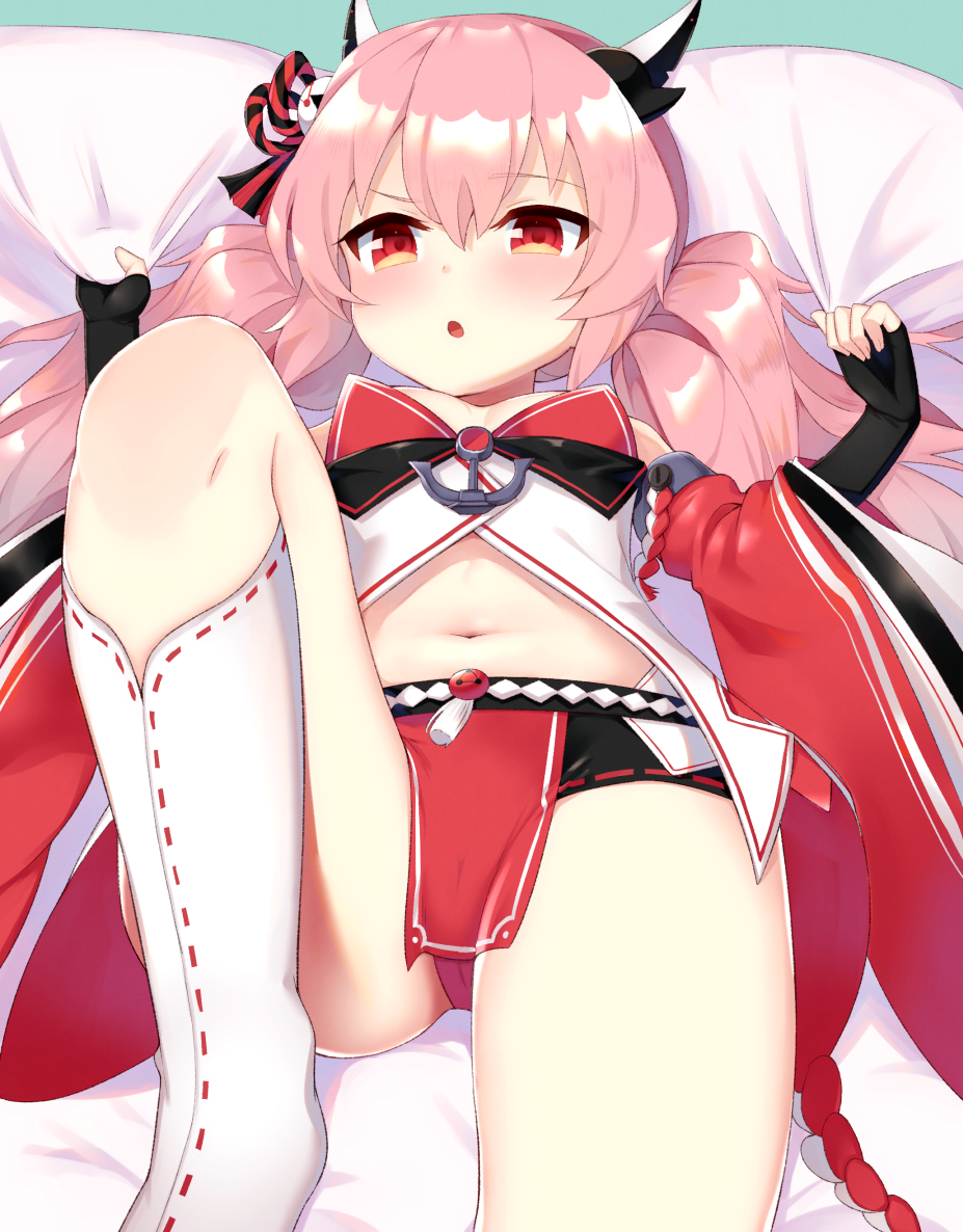 1girl ass azur_lane bed_sheet commentary_request detached_sleeves flat_chest hamakaze_(azur_lane) kneehighs koko_ne_(user_fpm6842) long_hair looking_at_viewer lying navel panties pantyshot pantyshot_(lying) parted_lips pink_hair red_eyes red_panties solo twintails underwear