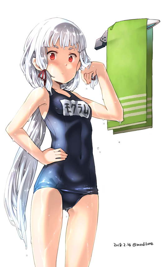 1girl alternate_hairstyle blue_swimsuit cowboy_shot dated flat_chest hair_ribbon headgear kantai_collection long_hair looking_at_viewer murakumo_(kantai_collection) name_tag orange_eyes ribbon sakura_(medilore) school_swimsuit sidelocks simple_background solo swimsuit towel towel_rack tress_ribbon twitter_username wet white_background white_hair