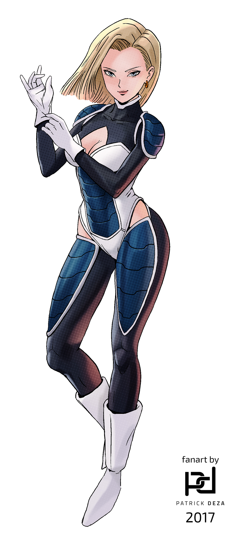 1girl android_18 artist_name blonde_hair blue_eyes bob_cut bodysuit breasts cleavage_cutout dated dragon_ball earrings full_body gloves gwajasonyeon highres jewelry looking_at_viewer short_hair shoulder_pads smile standing white_footwear white_gloves