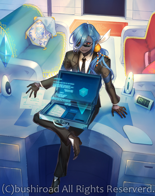 1boy bell black_sclera black_skin blue_hair boots bow cardfight!!_vanguard computer couch gloves high_heel_boots high_heels long_hair low_ponytail male_focus necktie oh007 pillow pointy_ears red_eyes sitting solo sunglasses transport_harpy
