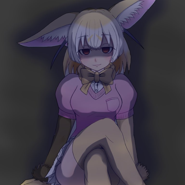 1girl :3 animal_ears arms_at_sides bangs blonde_hair blush bow bowtie breast_pocket breasts buttons closed_mouth dress_shirt elbow_gloves empty_eyes eyebrows eyebrows_visible_through_hair facing_viewer fennec_(kemono_friends) fox_ears gloves hair_between_eyes kemono_friends legs_crossed looking_at_viewer medium_breasts miniskirt multicolored_hair pink_shirt pleated_skirt pocket puffy_short_sleeves puffy_sleeves shaded_face shirt short_hair short_sleeves sitting skirt solo thigh-highs undershirt white_hair white_shirt white_skirt yellow_bow yellow_gloves yellow_legwear yellow_neckwear yokoyan9322 zettai_ryouiki