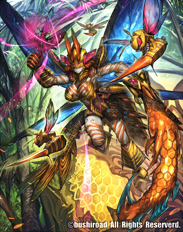 1girl armor armored_boots boots breasts cardfight!!_vanguard cleavage company_name dagger dazzling_mutant_deity_waspy_tail gloves grey_skin helmet insect_girl insect_wings leaf melon22 official_art orange_hair pink_eyes short_hair solo tree wasp weapon wings