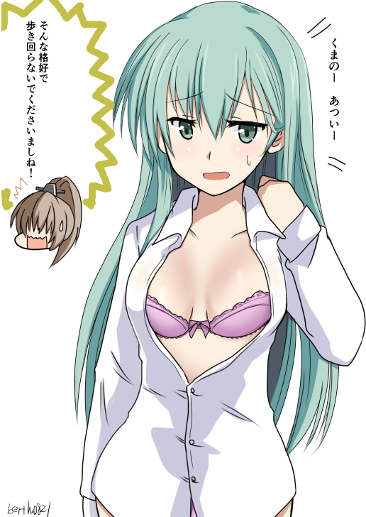 2girls aqua_hair artist_name blush bra breasts brown_hair chibi cleavage collarbone green_eyes hair_ornament hinase_(jet_hearts) kantai_collection kumano_(kantai_collection) looking_at_viewer medium_breasts multiple_girls no_pants open_clothes open_mouth open_shirt ponytail purple_bra remodel_(kantai_collection) shirt simple_background sketch speech_bubble straight_hair suzuya_(kantai_collection) translation_request underwear upper_body white_background white_shirt