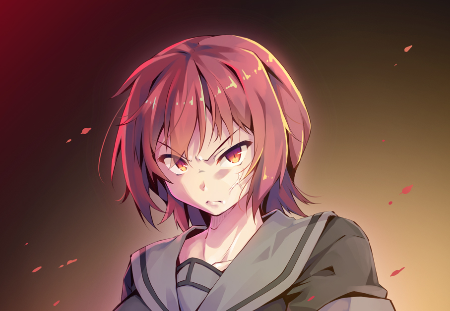 1girl anger_vein collarbone commentary_request gradient gradient_background kantai_collection kinu_(kantai_collection) looking_at_viewer masaki_kei orange_eyes redhead school_uniform serafuku short_hair simple_background solo