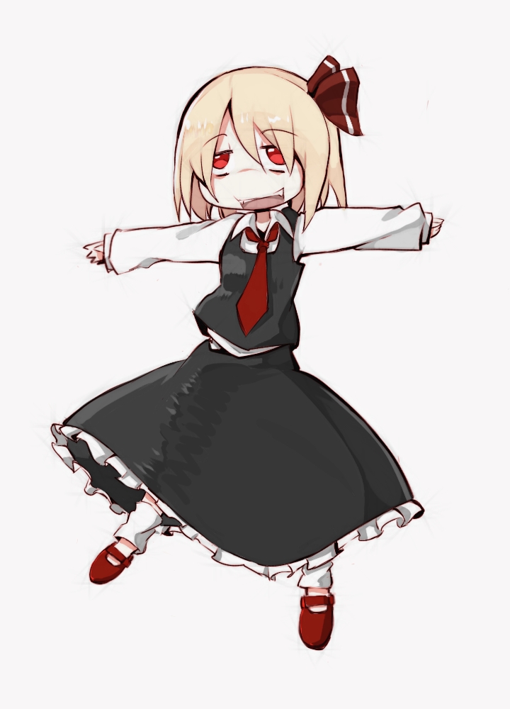1girl :d black_skirt blonde_hair blouse bolos bow full_body hair_between_eyes hair_bow long_sleeves mary_janes necktie open_mouth outstretched_arms red_bow red_eyes red_footwear red_neckwear rumia shirt shoes short_hair simple_background skirt smile solo touhou white_blouse white_shirt wing_collar