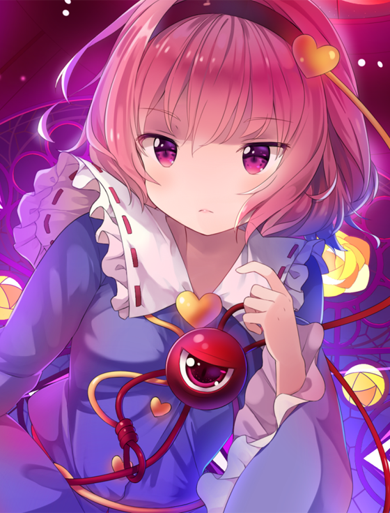 1girl blue_dress blush collar commentary cropped dress eyebrows_visible_through_hair frilled_collar frilled_sleeves frills hairband hand_up hitsukuya komeiji_satori long_sleeves looking_at_viewer parted_lips pink_hair short_hair solo third_eye touhou upper_body violet_eyes wide_sleeves