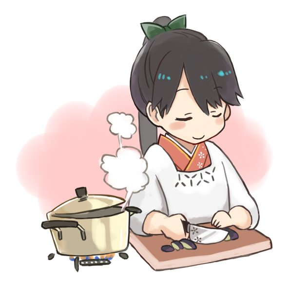 1girl black_hair blush closed_eyes cooking cutting_board floral_print houshou_(kantai_collection) kantai_collection kappougi knife long_hair matsutani ponytail pot smile solo upper_body white_background