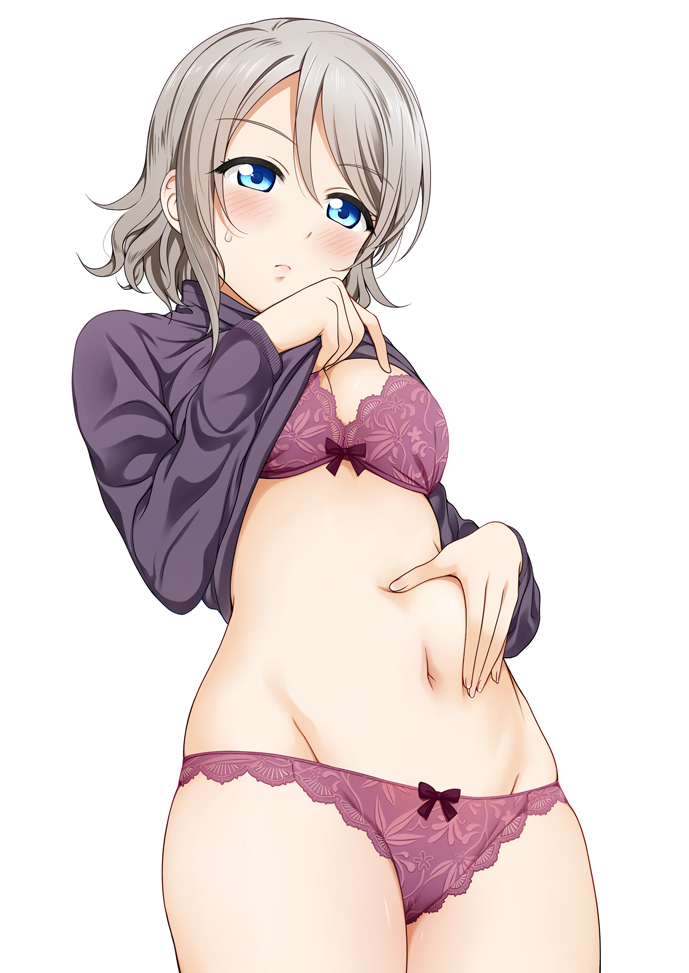 1girl blue_eyes blush bow bow_panties bra breasts cleavage clothes_lift eyebrows_visible_through_hair grey_hair hand_on_own_stomach lace lace-trimmed_bra lace-trimmed_panties lingerie love_live! love_live!_sunshine!! medium_breasts midriff navel panties purple_bra purple_panties shirt_lift short_hair simple_background solo stomach suzume_miku sweater sweater_lift underwear undressing watanabe_you white_background