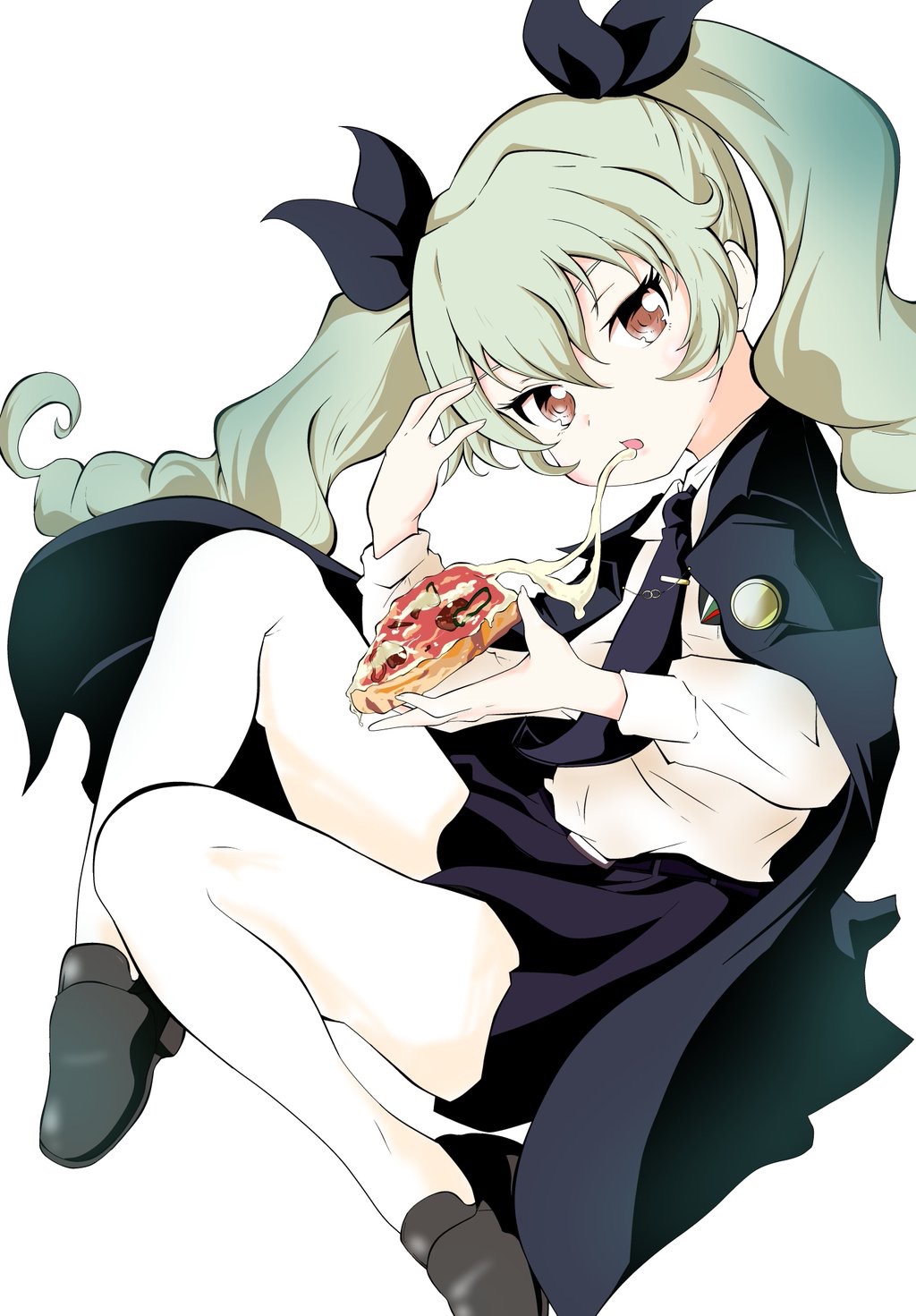 1girl anchovy anzio_school_uniform bangs belt black_belt black_cape black_footwear black_neckwear black_ribbon black_skirt cape commentary dress_shirt drill_hair emblem food from_side full_body girls_und_panzer green_hair hair_ribbon highres holding holding_food invisible_chair loafers long_hair long_sleeves looking_at_viewer miniskirt mouth_hold necktie pantyhose parted_lips pizza pleated_skirt red_eyes ribbon school_uniform shinsou_komachi shirt shoes simple_background sitting skirt solo tie_clip twin_drills twintails white_background white_legwear white_shirt