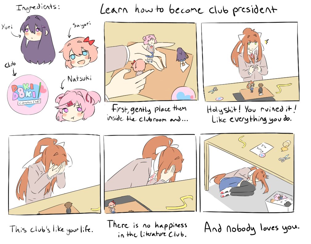 /\/\/\ 4girls :t black_legwear blue_eyes brown_hair comic covering_face despair doki_doki_literature_club english fetal_position hair_intakes hair_ribbon how_to_make_sushi kazeki_(kechuppika) long_hair lying meme monika_(doki_doki_literature_club) multiple_girls natsuki_(doki_doki_literature_club) on_side pink_eyes pink_hair ponytail pout purple_hair ribbon sayori_(doki_doki_literature_club) school_uniform scissors shoes skirt smile spoilers sweatdrop table thigh-highs trash_can uwabaki violet_eyes yuri_(doki_doki_literature_club)