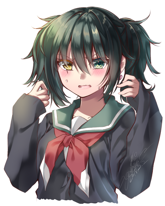 1girl alternate_costume blush green_eyes green_hair green_sailor_collar heterochromia kantai_collection kiso_(kantai_collection) long_sleeves neckerchief open_mouth red_neckwear sailor_collar short_hair simple_background solo twintails white_background yellow_eyes yuihira_asu