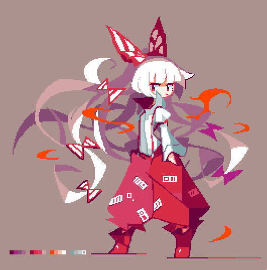 1girl amakusa_(hidorozoa) bangs bow fire floating_hair fujiwara_no_mokou full_body hair_bow juliet_sleeves long_hair long_sleeves ofuda pants pixel_art puffy_sleeves red_bow red_eyes red_footwear shirt shoes simple_background solo standing suspenders touhou very_long_hair white_background white_bow white_shirt