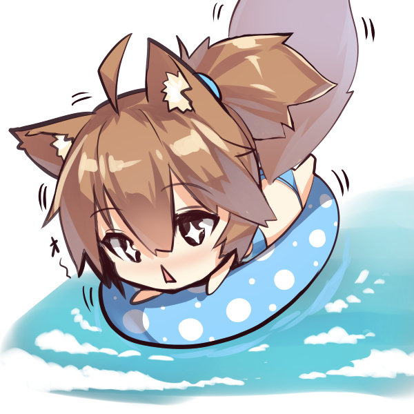 +_+ 1girl :&lt; afloat ahoge animal_ears bangs bare_arms bare_legs barefoot bikini black_eyes blue_bikini blush brown_hair chibi eyebrows_visible_through_hair fox_ears fox_girl fox_tail hair_between_eyes innertube lying ocean on_stomach original outstretched_arms parted_lips ponytail short_hair solo swimsuit tail triangle_mouth water white_background yuuji_(yukimimi)