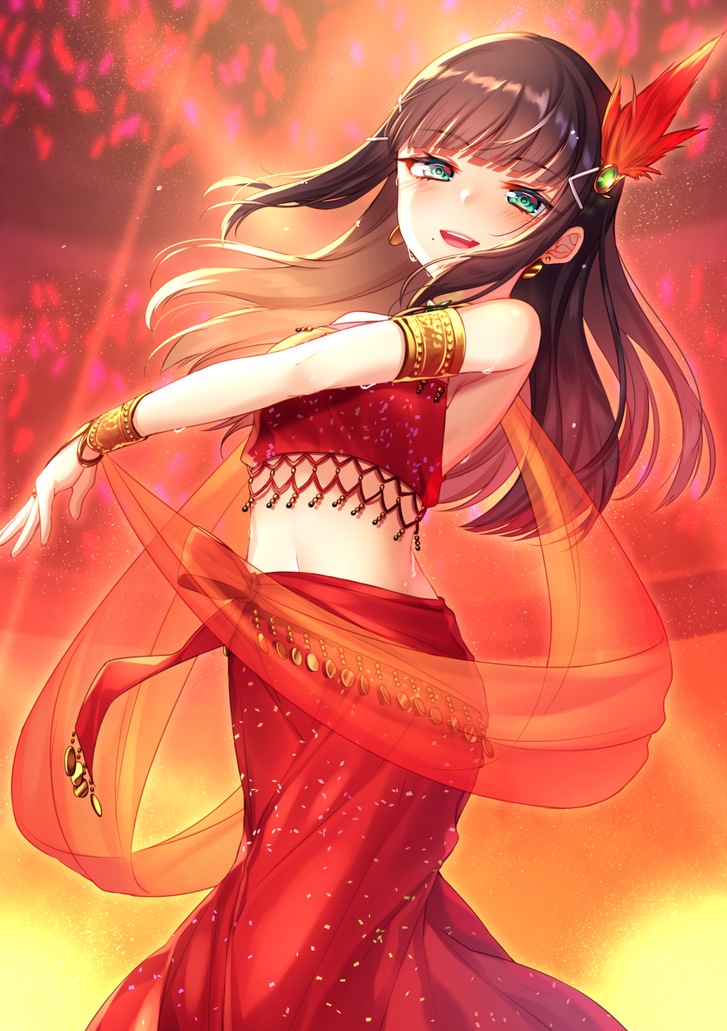 1girl :d aqua_eyes armlet bangs black_hair blunt_bangs bracelet bustier dancer earrings eyebrows_visible_through_hair feathers glowstick hair_feathers hair_ornament hairpin harem_outfit highres inferno_phoenix jewelry kurosawa_dia long_hair long_skirt looking_at_viewer love_live! love_live!_sunshine!! midriff mole mole_under_mouth moyui_(myi_005) navel open_mouth red_skirt sash skirt smile solo