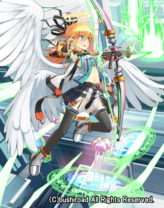 1girl arrow belt blonde_hair blue_eyes boots bow bow_(weapon) cardfight!!_vanguard company_name feathered_wings fingerless_gloves gloves heart long_hair love_sniper_nociel magic_circle midriff navel official_art patricia_(stylish_marunage) thigh-highs weapon wings