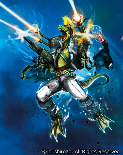 1boy bandage blonde_hair blue_wave_soldier_brutal_trooper bullet cardfight!!_vanguard company_name crocodile crocodilian dolphin fangs furry gun lazur_(piccsh) male_focus official_art open_mouth scar underwater visor weapon