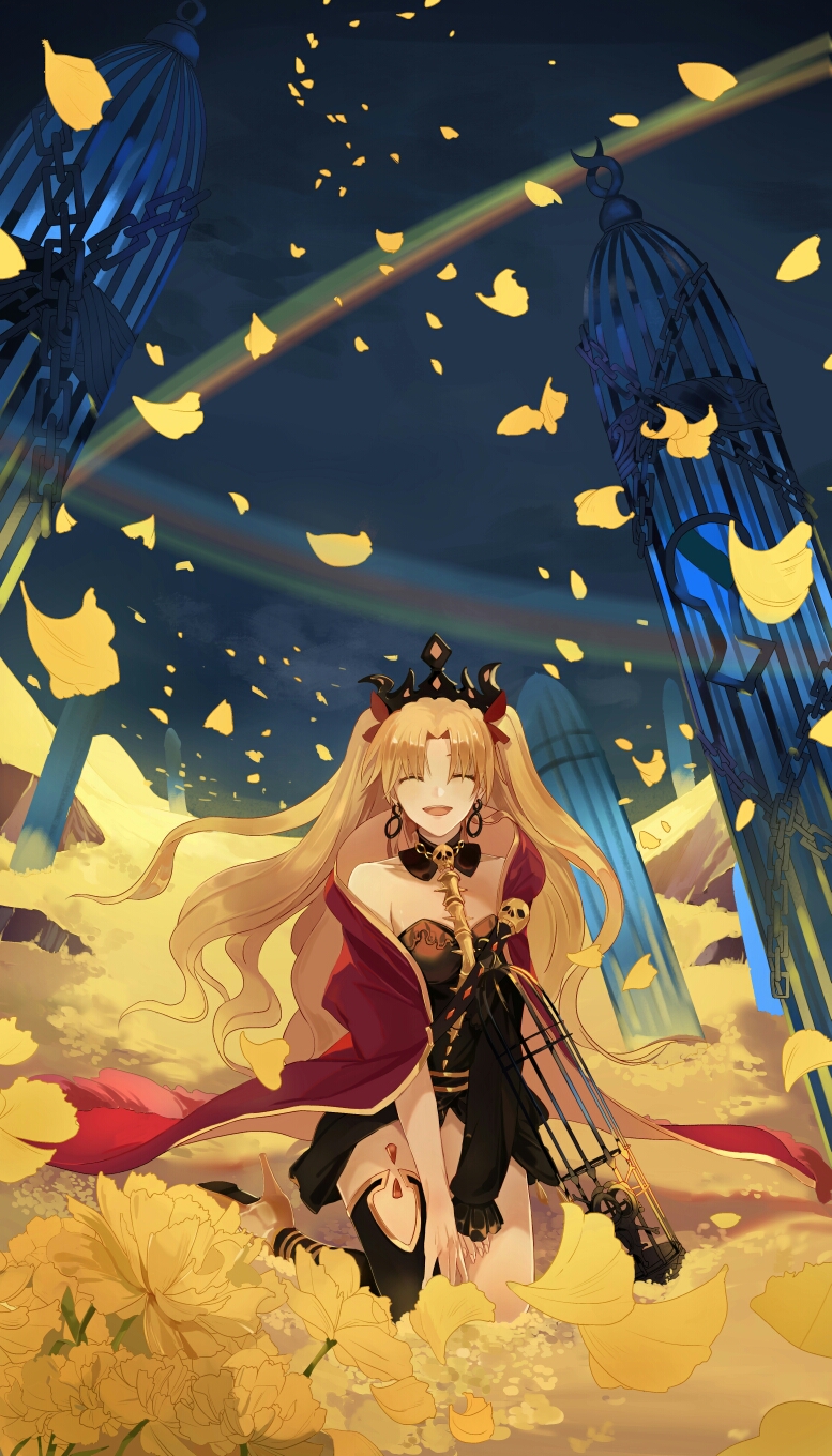 1girl asymmetrical_legwear asymmetrical_sleeves black_legwear black_leotard blonde_hair choker closed_eyes ereshkigal_(fate/grand_order) fate/grand_order fate_(series) flower hair_ribbon high_heels highres kneeling leotard long_hair open_mouth red_ribbon ribbon smile solo strapless strapless_leotard thigh-highs twintails very_long_hair xinweikun yellow_flower