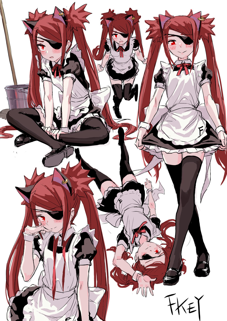 1girl animal_ears apron arm_up artist_name bangs black_dress black_footwear black_legwear blush bucket cat_ears commentary_request dress earrings expressions eyebrows_visible_through_hair eyepatch fkey frilled_apron frills highres jewelry leaning_forward legs_crossed long_hair looking_at_viewer lying maid maid_apron mary_janes mop neck_ribbon on_back original parted_lips petticoat puffy_short_sleeves puffy_sleeves red_eyes red_neckwear red_ribbon redhead ribbon shoes short_dress short_sleeves sidelocks simple_background sitting smile solo standing standing_on_one_leg swept_bangs thigh-highs twintails very_long_hair white_background wrist_cuffs zettai_ryouiki
