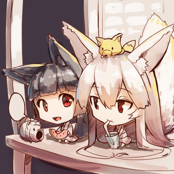 2girls :d :t absurdly_long_hair animal animal_ears animal_on_head bangs barefoot bendy_straw black_hair blank_speech_bubble blunt_bangs chibi closed_mouth cup drinking drinking_glass drinking_straw eyebrows_visible_through_hair food fox fox_ears fox_girl fox_on_head fox_tail fruit hair_between_eyes holding holding_drinking_glass holding_food japanese_clothes kayari_buta kimono light_brown_hair long_hair multiple_girls on_head open_mouth original porch red_eyes sitting smile speech_bubble tail very_long_hair watermelon white_kimono yuuji_(yukimimi)