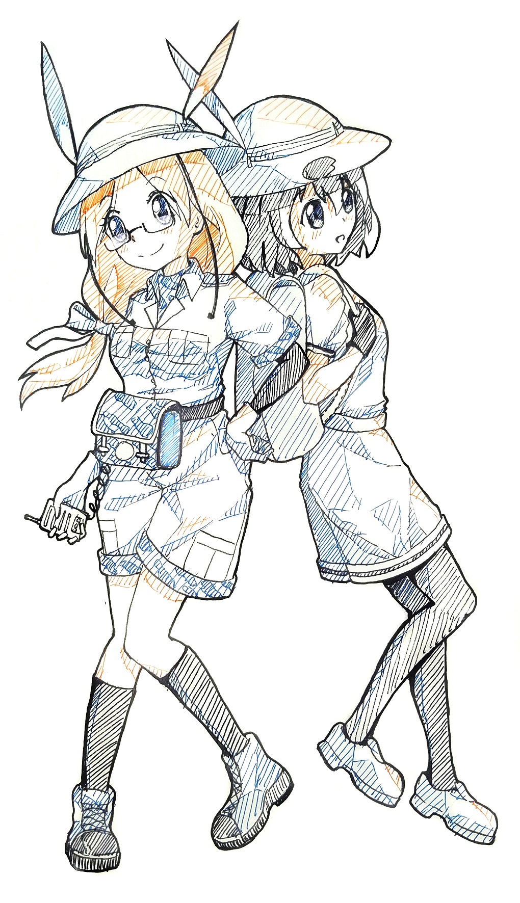 2girls back-to-back backpack bag boots bow bucket_hat eyebrows_visible_through_hair fanny_pack glasses gloves graphite_(medium) hair_bow hat highres kaban_(kemono_friends) kemono_friends kneehighs line_shading loafers long_hair mechanical_pencil mirai_(kemono_friends) multiple_girls paja_(446018265) pantyhose pencil shoes short_hair short_sleeves shorts traditional_media walkie-talkie