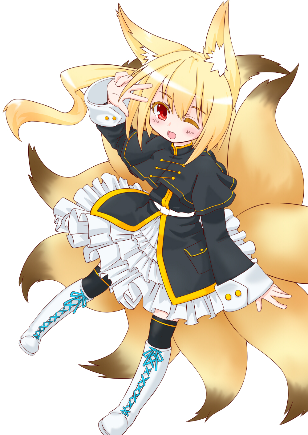 1girl ;d animal_ears bangs black_capelet black_jacket black_legwear blonde_hair blush boots capelet cross-laced_footwear dress eyebrows_visible_through_hair fox_ears fox_girl fox_tail full_body hair_between_eyes highres jacket knee_boots kurotsutsuki kyuubi lace-up_boots long_hair long_sleeves multiple_tails one_eye_closed open_mouth original over-kneehighs red_eyes side_ponytail sidelocks simple_background smile solo tail thigh-highs very_long_hair white_background white_dress white_footwear